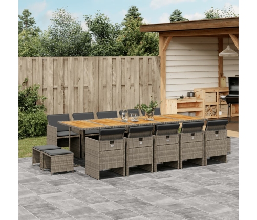 Set comedor de jardín con cojines 15 pzas ratán sintético gris