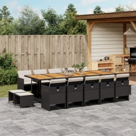 Set comedor de jardín con cojines 15 pzas ratán sintético negro