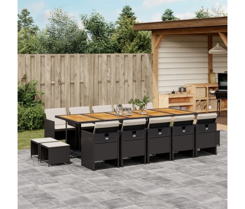 Set comedor de jardín con cojines 15 pzas ratán sintético negro