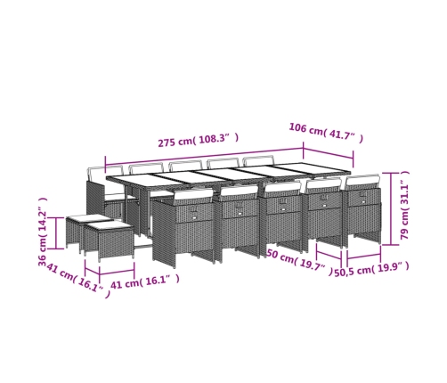 Set comedor de jardín con cojines 15 pzas ratán sintético beige