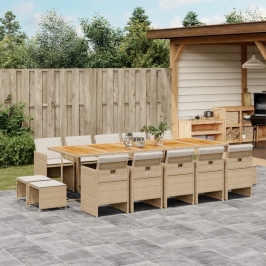 Set comedor de jardín con cojines 15 pzas ratán sintético beige