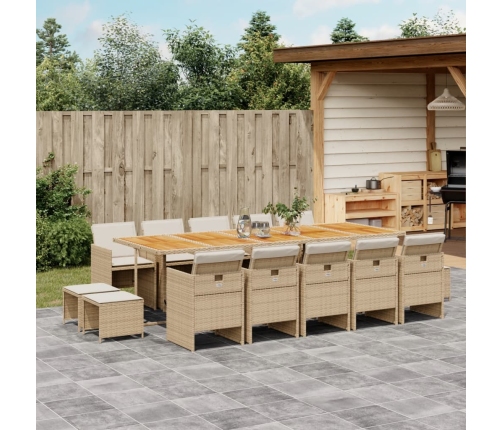 Set comedor de jardín con cojines 15 pzas ratán sintético beige