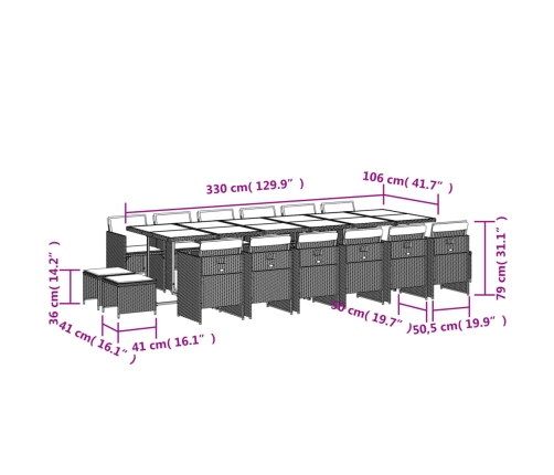 Set de muebles jardín 17 pzas con cojines ratán sintético negro