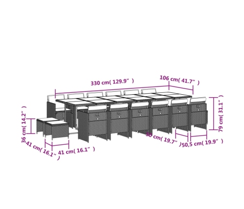 Set comedor de jardín 17 pzas y cojines ratán sintético gris
