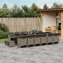 Set comedor de jardín 17 pzas y cojines ratán sintético gris