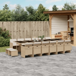 Set comedor de jardín 17 pzas con cojines ratán sintético beige