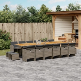 Set comedor de jardín 17 pzas y cojines ratán sintético gris