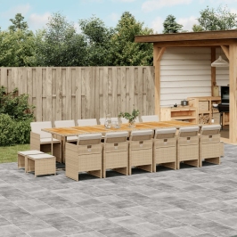 Set comedor de jardín 17 pzas con cojines ratán sintético beige