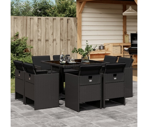 Set de comedor de jardín 9 pzas y cojines ratán sintético negro