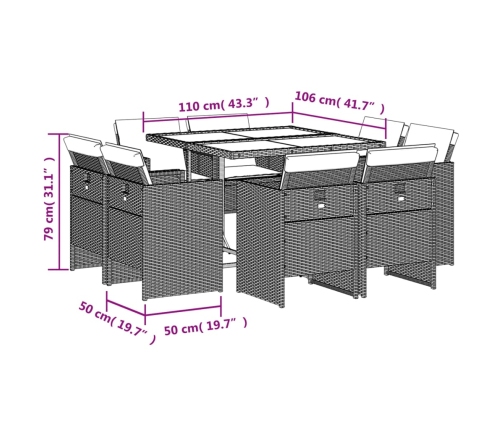 Set comedor para jardín 9 pzas y cojines ratán sintético marrón