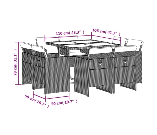 Set comedor de jardín 9 pzas cojines ratán sintético gris claro