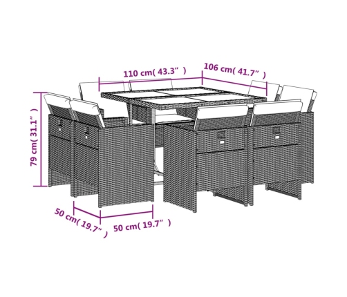 Set comedor de jardín 9 pzas con cojines ratán sintético beige