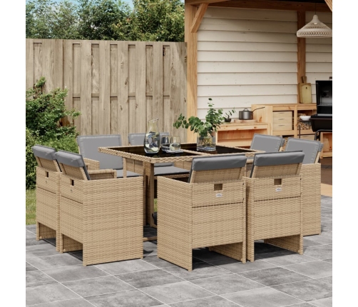 Set comedor de jardín 9 pzas con cojines ratán sintético beige