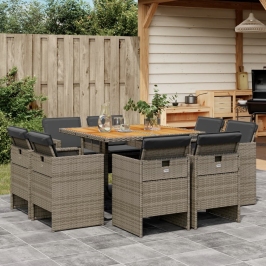 Set comedor jardín 9 pzas y cojines ratán sintético gris