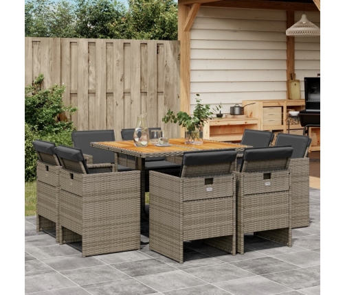 Set comedor jardín 9 pzas y cojines ratán sintético gris