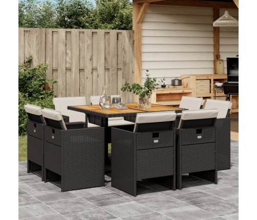 Set de comedor de jardín 9 pzas y cojines ratán sintético negro