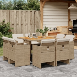 Set comedor de jardín 9 pzas con cojines ratán sintético beige