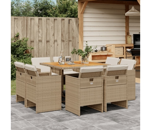 Set comedor de jardín 9 pzas con cojines ratán sintético beige