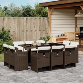 Set comedor de jardín 11 pzas y cojines ratán sintético marrón