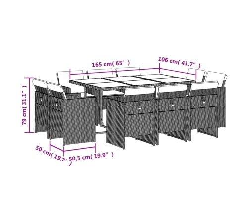 Set de comedor de jardín 11 pzas y cojines ratán sintético gris