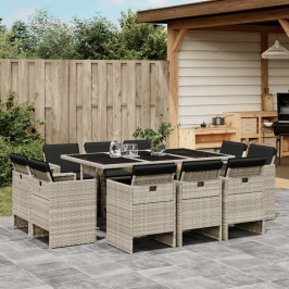 Set de comedor de jardín 11 pzas y cojines ratán sintético gris
