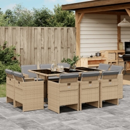 Set comedor de jardín 11 pzas con cojines ratán sintético beige