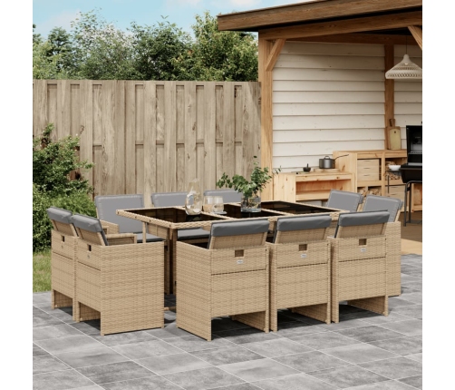 Set comedor de jardín 11 pzas con cojines ratán sintético beige