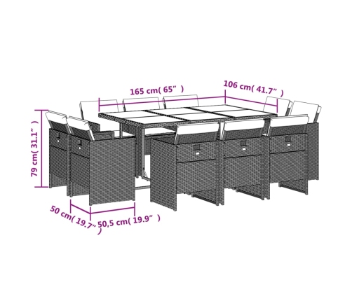 Set de comedor jardín 11 pzas con cojines ratán sintético negro