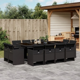 Set comedor de jardín con cojines 13 pzas ratán sintético negro