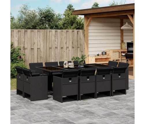 Set comedor de jardín con cojines 13 pzas ratán sintético negro