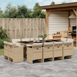 Set comedor de jardín con cojines 13 pzas ratán sintético beige