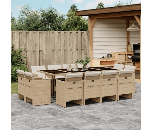 Set comedor de jardín con cojines 13 pzas ratán sintético beige