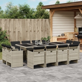 Set comedor jardín y cojines 13 pzas ratán sintético gris claro