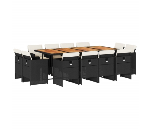 Set comedor de jardín con cojines 13 pzas ratán sintético negro