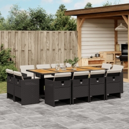 Set comedor de jardín con cojines 13 pzas ratán sintético negro