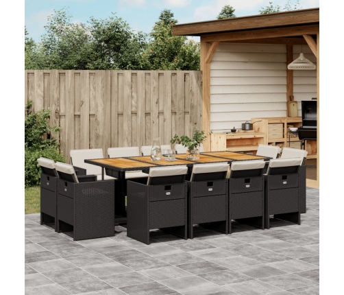 Set comedor de jardín con cojines 13 pzas ratán sintético negro