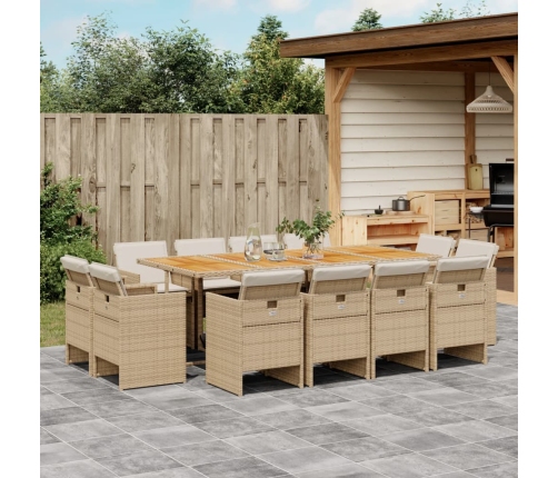 Set comedor de jardín con cojines 13 pzas ratán sintético beige