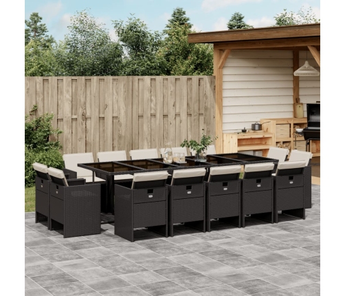Set comedor de jardín con cojines 15 pzas ratán sintético negro