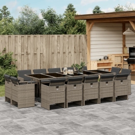 Set comedor de jardín con cojines 15 pzas ratán sintético gris