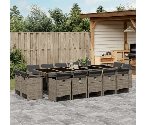 Set comedor de jardín con cojines 15 pzas ratán sintético gris