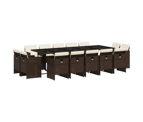 Set comedor de jardín y cojines 15 pzas ratán sintético marrón