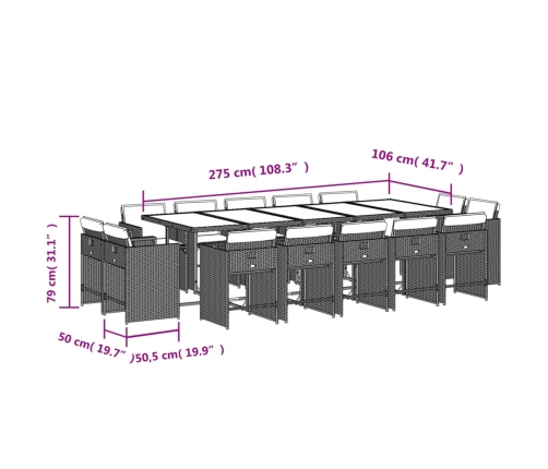 Set comedor de jardín y cojines 15 pzas ratán sintético marrón