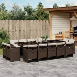 Set comedor de jardín y cojines 15 pzas ratán sintético marrón