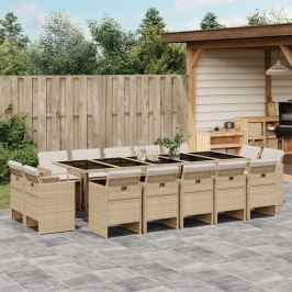 Set comedor de jardín con cojines 15 pzas ratán sintético beige