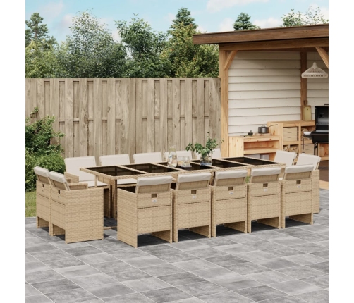 Set comedor de jardín con cojines 15 pzas ratán sintético beige