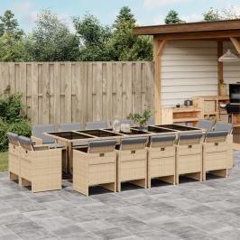 Set comedor de jardín con cojines 15 pzas ratán sintético beige