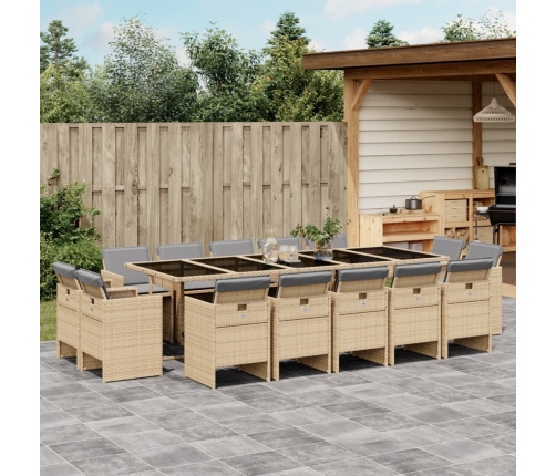 Set comedor de jardín con cojines 15 pzas ratán sintético beige