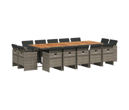 Set comedor de jardín con cojines 15 pzas ratán sintético gris