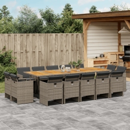 Set comedor de jardín con cojines 15 pzas ratán sintético gris