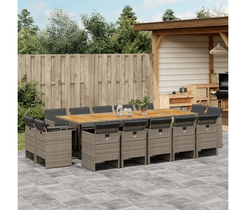 Set comedor de jardín con cojines 15 pzas ratán sintético gris